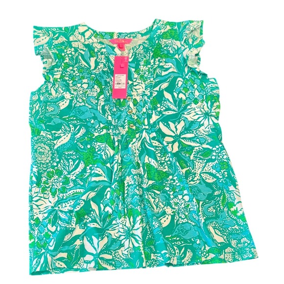 Lilly Pulitzer Tops - Lilly Pulitzer Golda Top Botanical Green Safari Sangria Floral Ruffle Top Size S